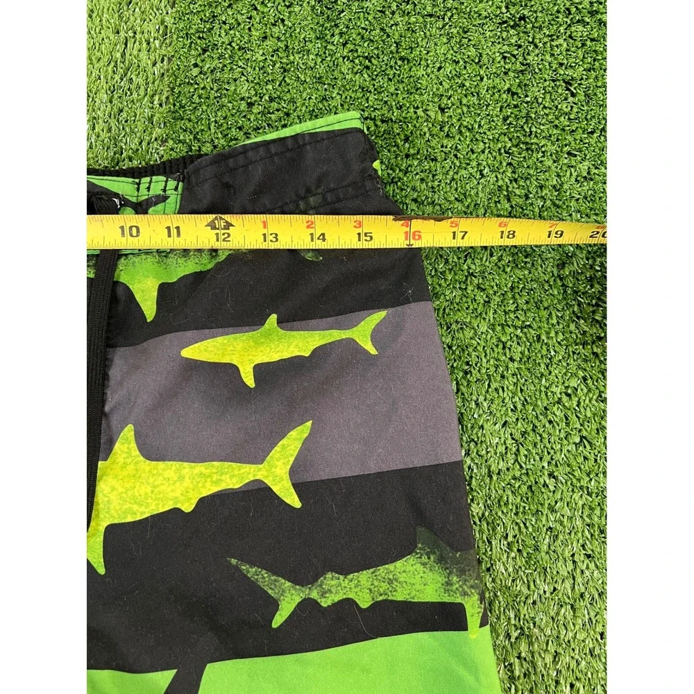 Hang Ten Mens‎ XL 32W Shark Print Board Shorts Black Neon Green Striped Swim